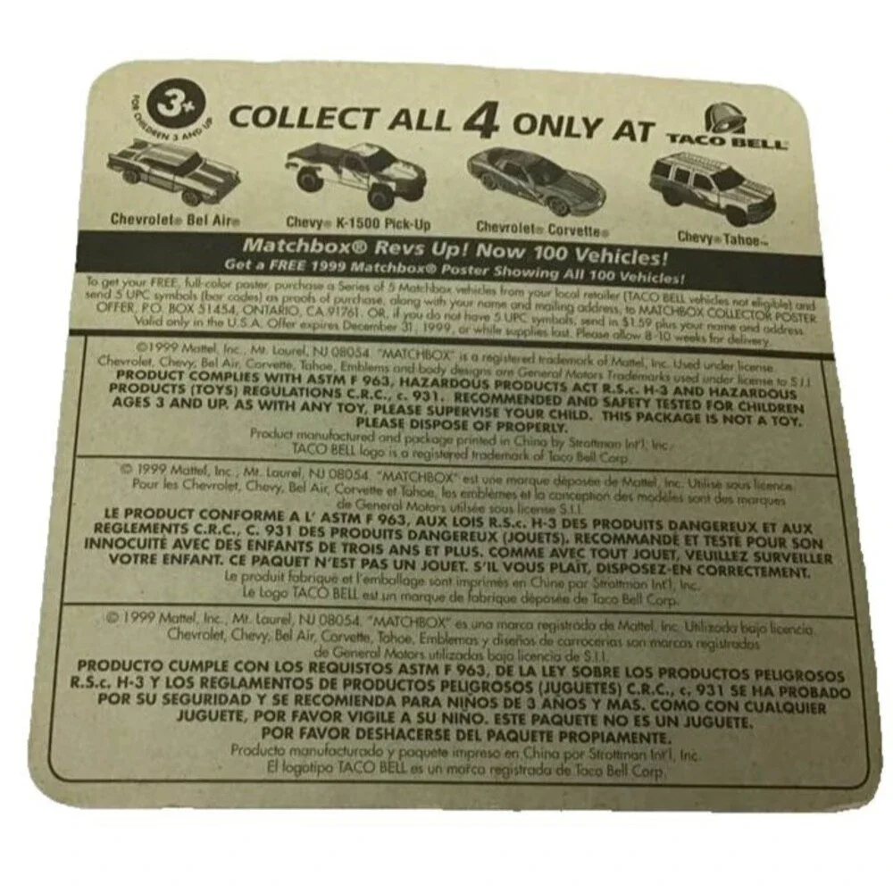 '97 1997 Chevrolet Corvette Matchbox Car Taco Bell Promo Green Blue Collectible